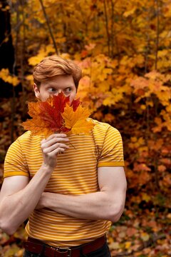 A young man playfully covers his face with bright  leaves