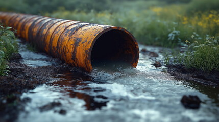 Polluted Water Flowing from a Large Rusted Pipe into a Natural Stream, Environmental Hazard and Water Pollution Concept in a Natural Setting