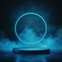 Glowing Neon Circle and Pedestal in Smoke.