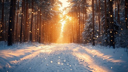 Snow falling in the sun rays through the trees in a winter forest