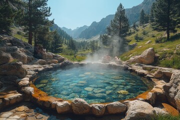 Natural pool reflecting fog surrounded by forest and mountains