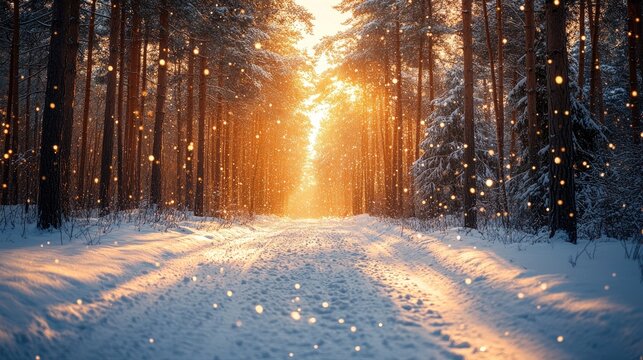 Snow falling in the sun rays through the trees in a winter forest