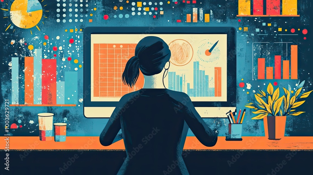 Poster woman working at a desk with data visualizations on a computer screen.