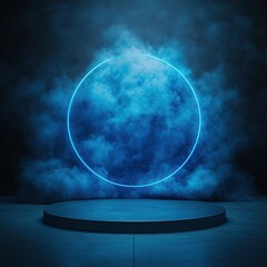 Neon Circle Glow Over Smoke and Podium