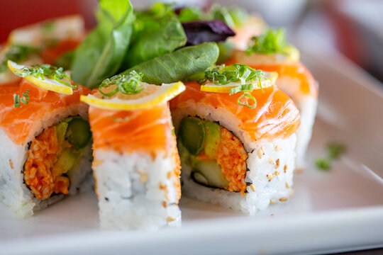 Close-up of colorful sushi roll on plate vertical