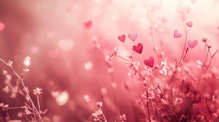 Warm pink tones with subtle heart patterns and a dreamy light effect, enhancing a romantic Valentine Day design