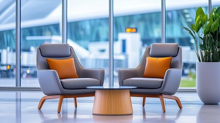 Business class lounge displaying an open-plan seating area with stylish armchairs