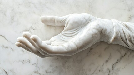 Marble sculpture of a hand with fine detailing, placed in a clean setting, with space for copy.