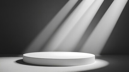 White round podium with dramatic spotlighting and detailed shadows, adding visual depth to the product presentation setup