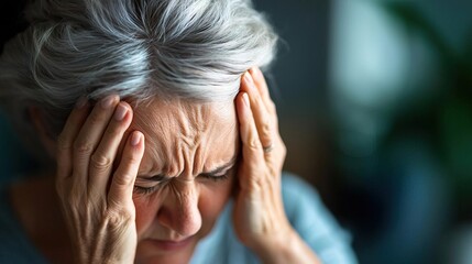 Fototapeta premium Mature woman suffering from migraine. Older woman having a headache and holding her head in pain..