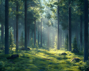 Obraz premium Sunbeams Through the Trees in a Misty Forest - Realistic Digital Illustration