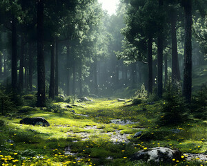 Obraz premium Sunlight Through Trees in Forest 3D Illustration