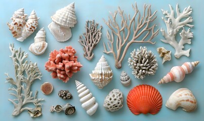 Obraz premium An assortment of sea shells and coral pieces arranged in a flat lay, Generative AI