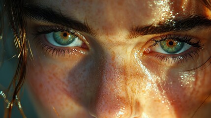 Close-up Portrait of a Woman with Green Eyes and Freckles