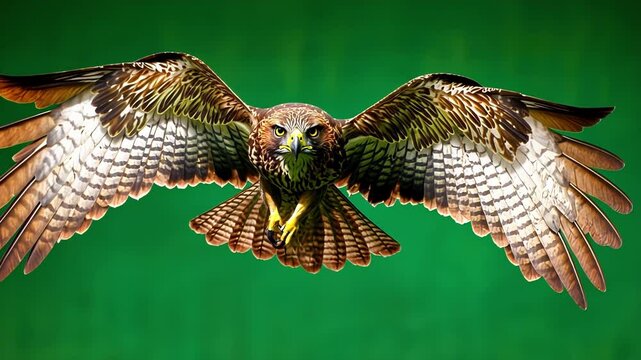 Majestic red tailed hawk with large wingspan is flying against a vibrant green screen background, ideal for compositing and visual effects