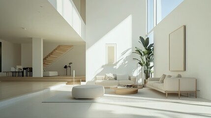 Modern living room with sleek furniture and minimalist decor, leaving ample space for copy on the white walls.