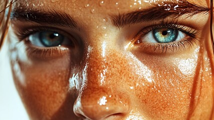 A close-up of woman's face  with healthy skin and visible hydration, light reflecting off the surface, 