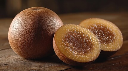 A whole and two halved brown, round fruits with a slightly bumpy texture and a juicy, light orange inside on a rustic wooden surface.