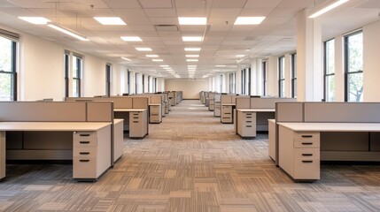 A spacious office with an open floor plan, featuring rows of desks, collaborative areas, and modern decor, promoting communication and visibility among team members.