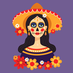 Mexican Day of the dead, Dia de los muertos. Portrait of a woman wearing a sombrero and festive sugar skull makeup. Calavera style. Catarina. Purple background. Vector illustration.