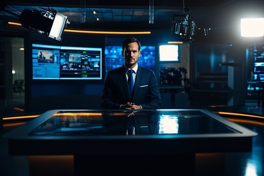 A poised news anchor delivers urgent updates in a sleek, contemporary studio, exuding intensity and authority.