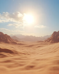 Naklejka premium Desert Landscape with Mountain Range and Sun in the Sky - 3D Render