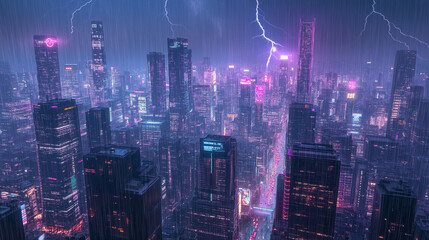 Fototapeta premium Lightning Illuminating the Rainy Cityscape
