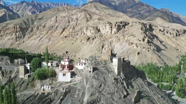 Aerial view of Wanla Monastery, Ladakh, Northern India, Himalayas, India