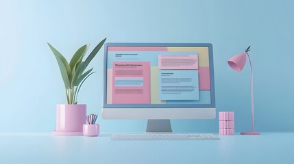 3D Web Vector Illustrations. Computer with open pages. Landing page template for web.