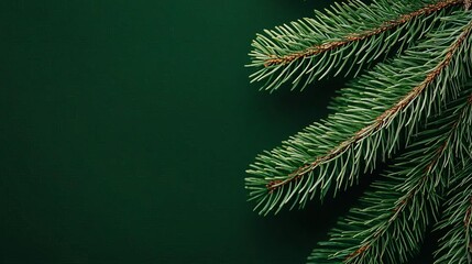 Close-up of fresh evergreen branches against a dark green background, perfect for holiday themes and nature decor.