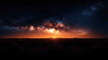 Naklejka premium A panoramic view of the Milky Way galaxy over a desert landscape with a glowing sunset.