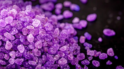 Fototapeta premium Close-up of vibrant purple rock salt crystals on a dark surface, adding a touch of elegance to culinary presentations.