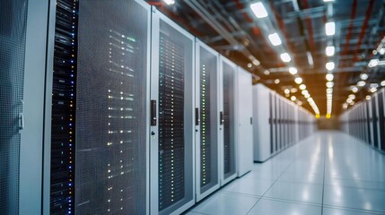 Fototapeta premium Data center featuring four rows of servers, showcasing an organized and high-tech environment for data management.