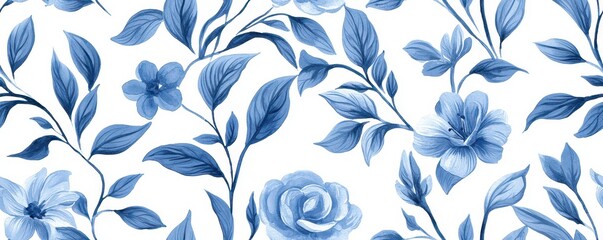 Fototapeta premium A serene pattern featuring blue flowers and leaves against a white background, ideal for textiles or wallpaper.