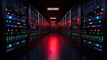 Fototapeta premium Server in a data center illustrating cloud computing data storage with detailed 3D rendering for visual impact.