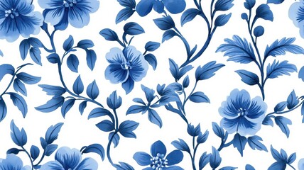 Obraz premium A delicate blue floral pattern on a white background, showcasing intricate blooms and green leaves in a harmonious design.
