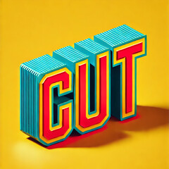 A striking 3D typographic design featuring the word "CUT" in bold, vibrant red, yellow, and teal colors