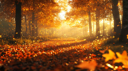 Golden Autumn Forest Path - Realistic 3D Illustration