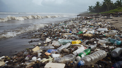 A beach is covered with plastic bottles and other trash