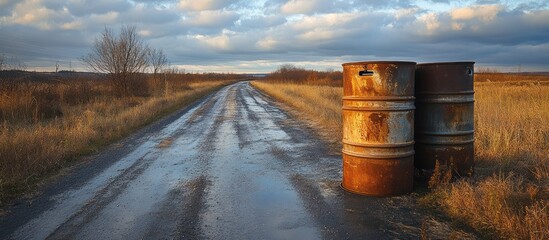 Obraz premium Rusty barrels on a rural road.