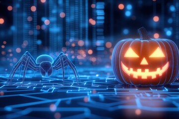 Cybersecurity Halloween: Jack-o'-lantern and spider on a digital circuit board, symbolizing the spooky side of online threats. Perfect for Halloween-themed cybersecurity awareness campaigns. 