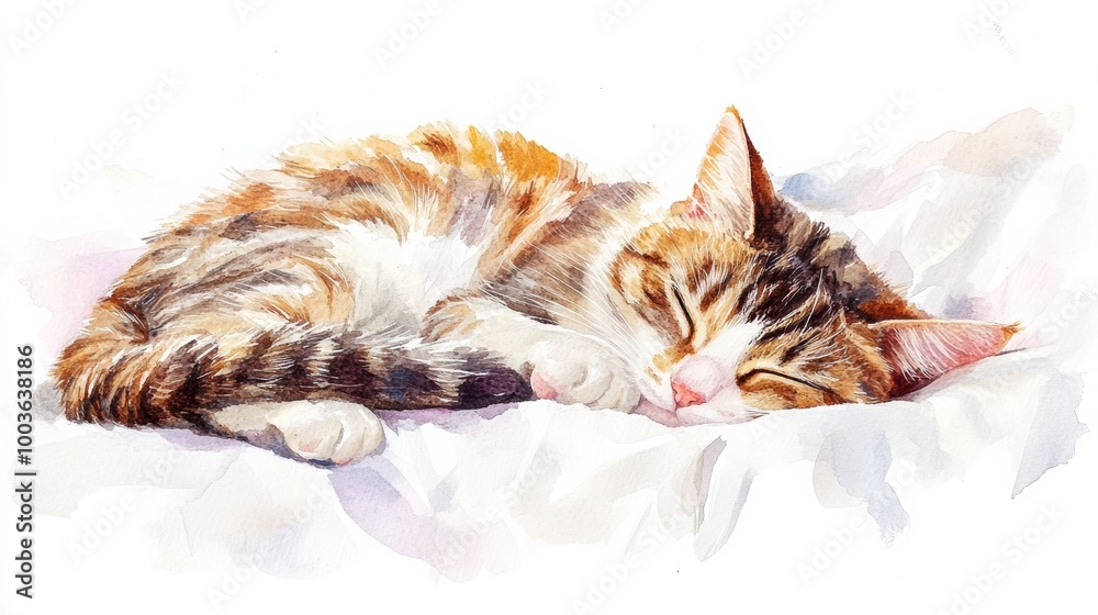 Poster a cozy sleeping cat nestled on a soft bedspread against a bright white background during a peaceful 