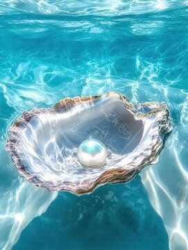 A beautiful iridescent pearl nestled in an open oyster shell underwater, surrounded by clear turquoise water.