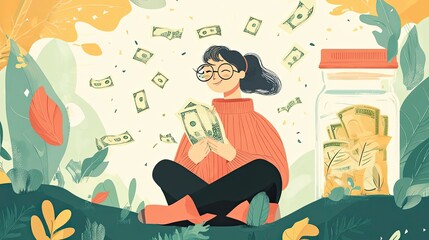 Woman Holding Money with a Jar Full of Bills and Falling Money in the Background