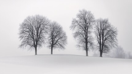 Fototapeta premium Winter landscape with trees, minimalistic, snow-covered ground, foggy, white background,