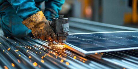 Trimming aluminum tracks for the setup of solar modules.
