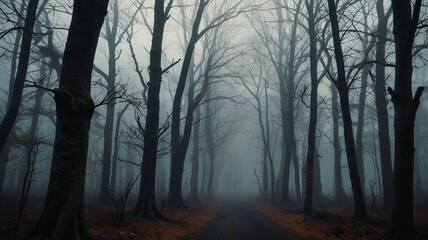 Foggy Forest Path with Bare Trees in Twilight