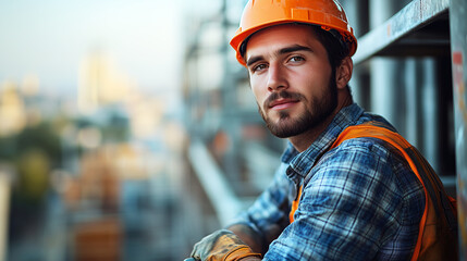 A construction worker wearing a hard hat and safety vest, sitting on scaffolding with a cityscape in the background
