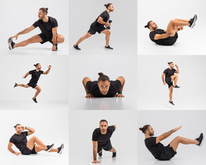 A fitness enthusiast performs a series of exercises, showcasing strength and flexibility. The location is a bright studio with a clean backdrop, emphasizing the workout routine.