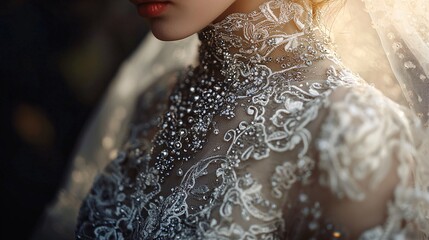 An exquisite gown embellished with delicate lace and shimmering gems creates a breathtaking display of elegance.